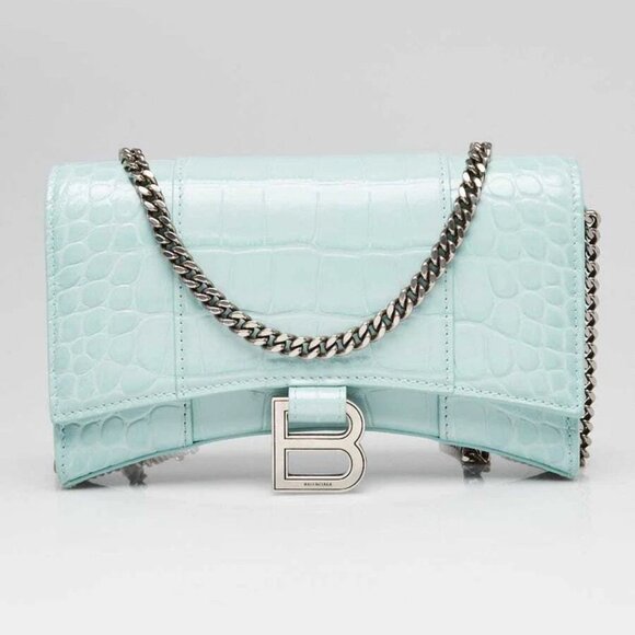 Balenciaga Light Green Croc Embossed Leather Soft Hourglass Wallet On Chain Bag - Picture 1 of 12